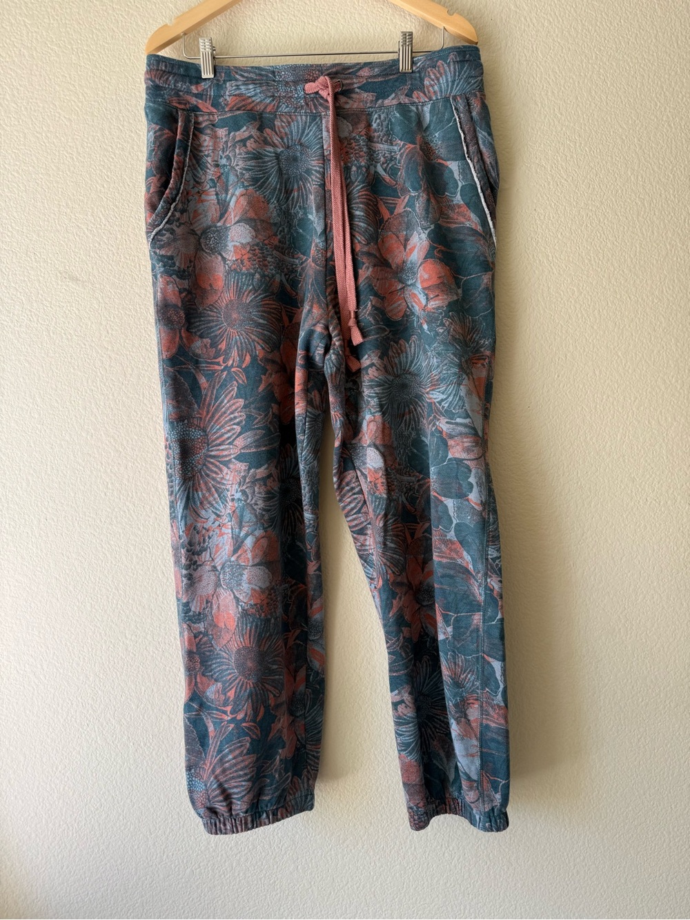 Anthropologie Teal and Dusty Rose Floral Jogger Pants
